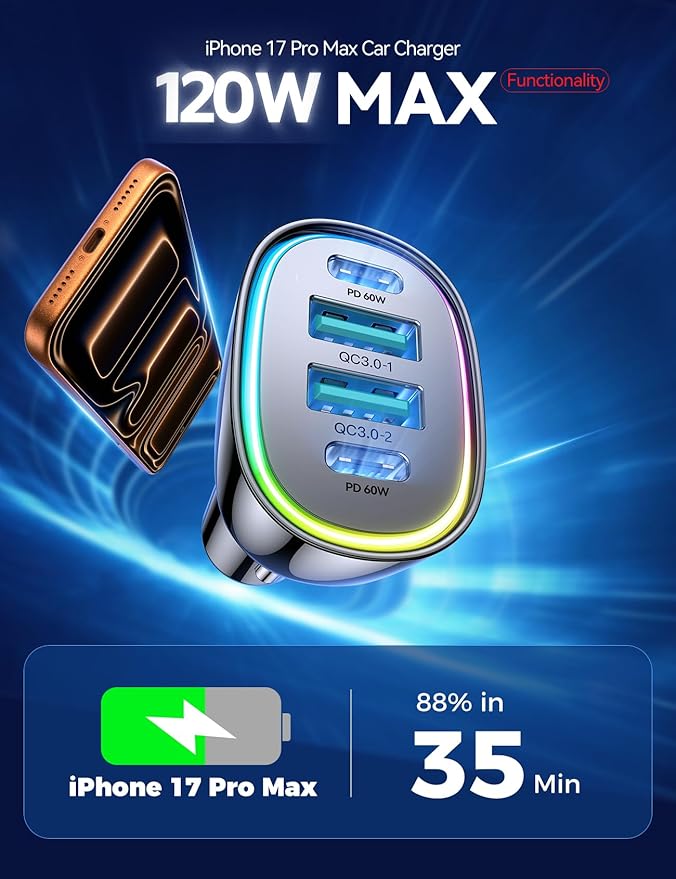 120W for iPhone 17 Pro Car Charger USB C, 4-Port Car Charger Fast Charging, PD&QC3.0 Type C Car Phone Charger, Cigarette Lighter Adapter, Car Accessories for iPhone 16 16e 15 17 Air Pro Max, Samsung