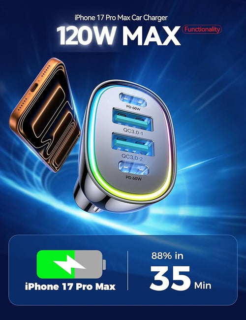 120W for iPhone 17 Pro Car Charger USB C, 4-Port Car Charger Fast Charging, PD&QC3.0 Type C Car Phone Charger, Cigarette Lighter Adapter, Car Accessories for iPhone 16 16e 15 17 Air Pro Max, Samsung