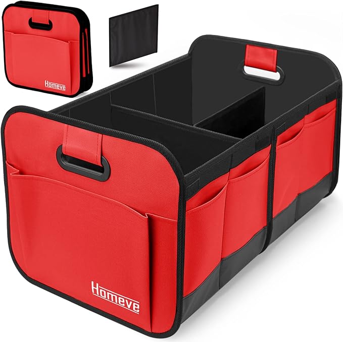 Homeve Trunk Organizer, Car Storage, Reinforced Handles, Collapsible Multi-Compartment, Foldable, Waterproof, Sturdy, 600D Oxford Polyester For Car, SUV, Mini-Van, Red, 2 Compart | Collapsible, Reinforced Handles, Foldable, Waterproof, Suitable for Any...