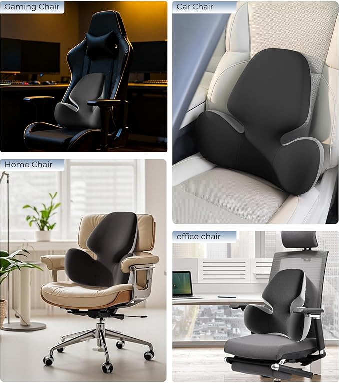 BEBAS Lumbar Support Pillow - Ergonomic Memory Foam Back Cushion for Lower Back Pain Relief - Washable Cover - Fits Car Seats, Office Chairs, Gaming Chairs, Wheelchairs & Home Use - Black