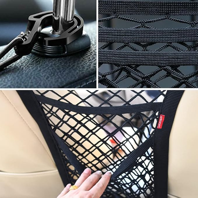 Luckybay 3-Layer Car Mesh Organizer Net, Seat Back Elastic Storage Net Bag, Barrier of Backseat Pet Kids, Driver Storage Netting Pouch