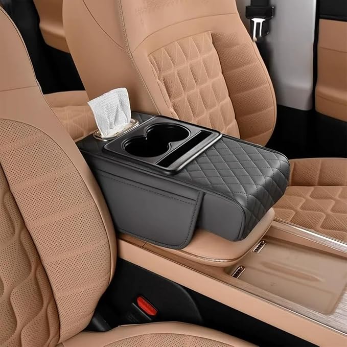 Multifunctional Pu Leather Car Armrest Box Mat, 5-in-1 Waterproof Car Armrest Organizer, Car Armrest Cushion Heightening Pad with Cup Holder, Tissue Boxes for Most Cars (Gray-A)
