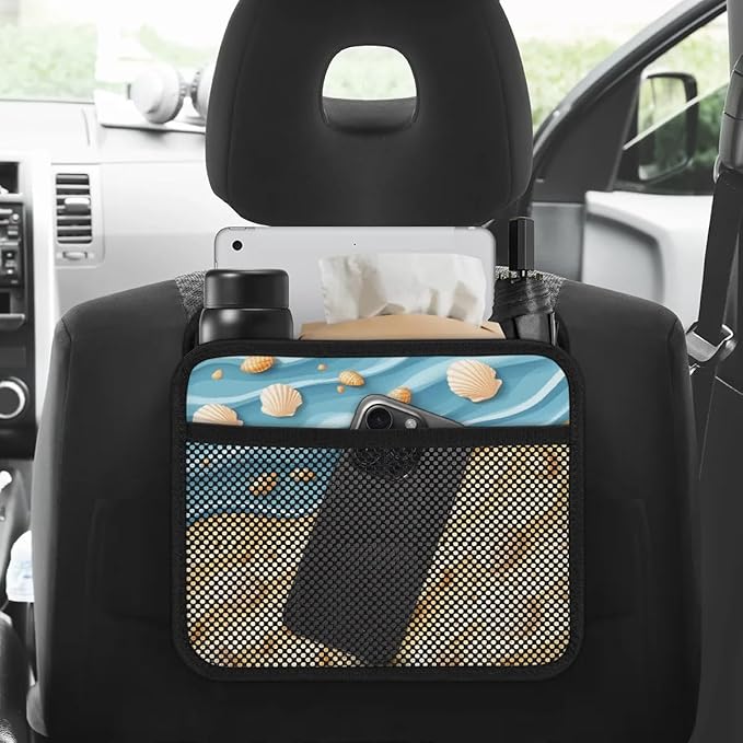 Beach Sea Shell Ocean Car Backseat Organizer PU Leather Automotive Back Seat Storage Bag Universal Hanging Garbage Box Travel Accessories Foldable