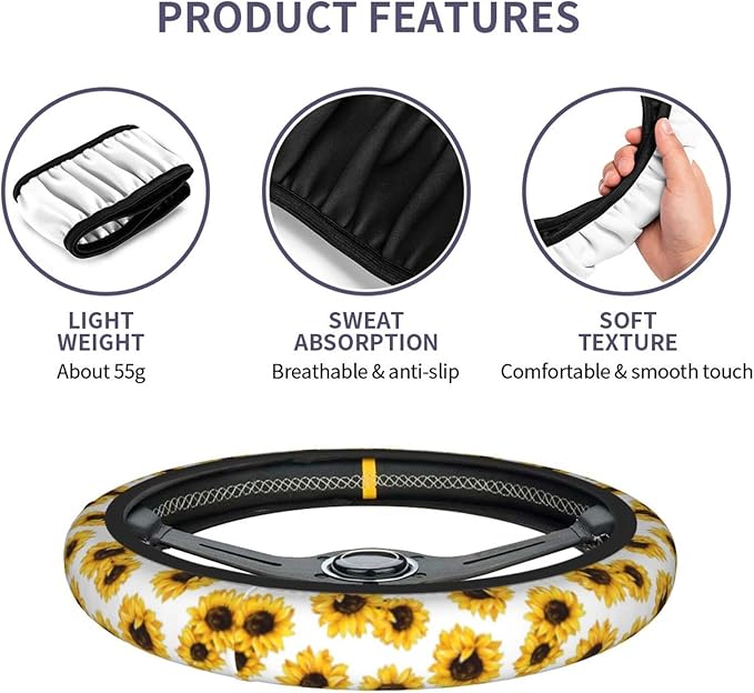 Yellow Sunflower Flower Steering Wheel Cover for Women Men with 2 Pcs Car Coasters, Universal 14.5-15 Inch Rainbow Steering Wheel Covers Non-Slip Car Accessories for Girls