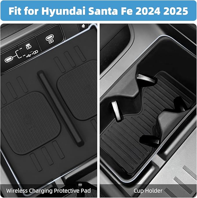 Center Console Wireless Charging Pad + Cup Holder Fit for Hyundai Santa Fe 2024 2025 Non-Slip Protective Mat Interior Accessories