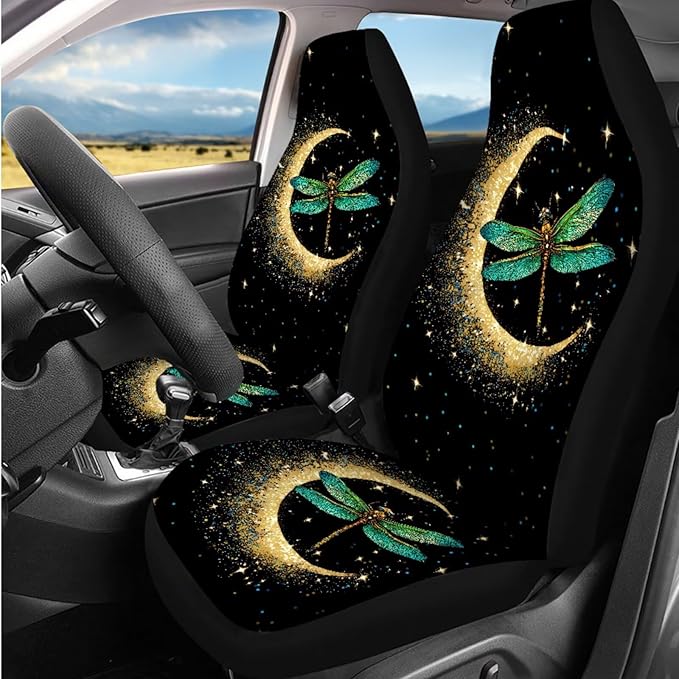 Dngkaoje Moon Dragonfly Car Seat Covers Full Set 13 Pcs Universal Car Interior Accessories Black Moon Dragonfly Steering Wheel Covers Armrest Pads Handbrake Gear Cover,Fit for Most Truck SUV
