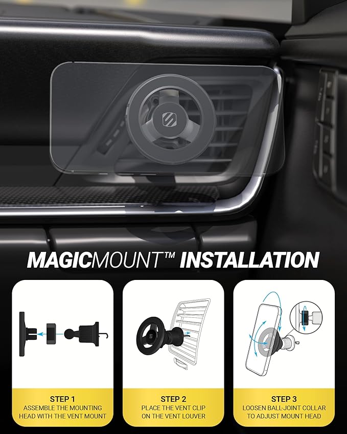 Scosche MagSafe Car Mount Vent, Magnetic Phone Holder for Car with Strong Magnets and Secure Twist-Lock Vent Clip, 360° Rotatable Car Phone Holder for iPhone 17 16 15 14 13 12, Includes Magnetic Ring
