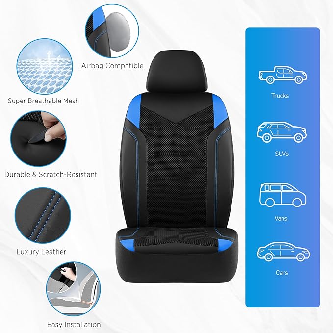 PIC AUTO Car Seat Cover, Super Breathable Mesh Front Seat Cover for Cars, Blue Leather Seat Covers, Universal Fit, Durable, Airbag Compatible, Suitable for SUVs, Trucks, Sedans, and Vehicles