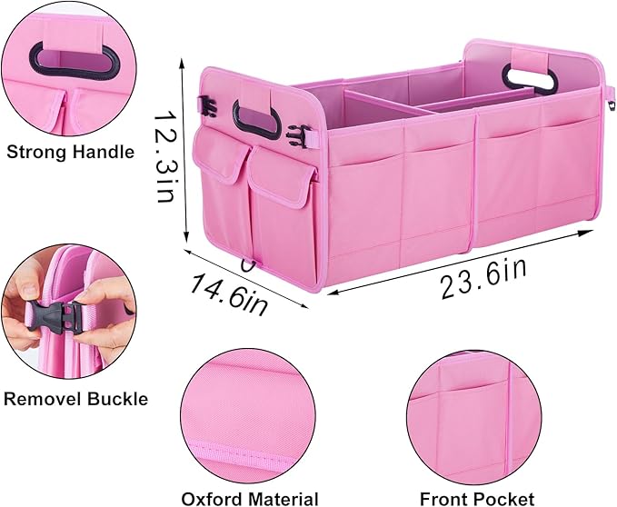 titiyiof Trunk Organizer For Suv & Sedan,Car Organizers and Storage, Waterproof Collapsible & Adjustable Straps,75L Sturdy Car Organization for Car Accessories, Tools,Sundries,2-3 Compartment（Pink）
