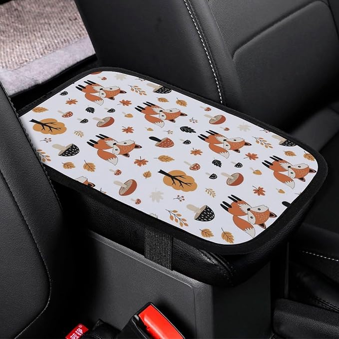 PPIKTC Car Center Console Armrest Cover Cute Fox Fall Mushrooms, Handrail Box Cushion Protector, Suitable for Most Vehicles