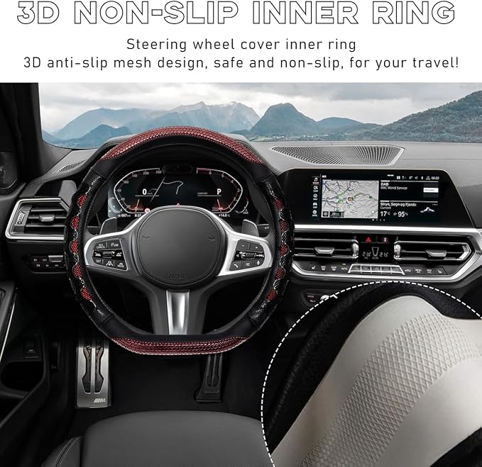 Car Steering Wheel Cover, 15 Inch Leather D-Shaped Comfy Grip Steering Wheel Protector, Anti-Slip Steering Wheel Cover with 3D Honeycomb for Most Vehicles, Car Accessories (Red)