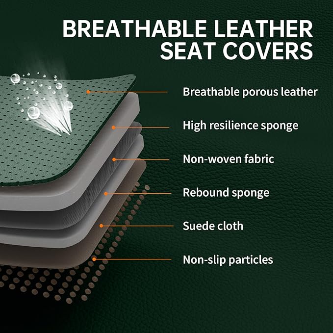 GEZHOUBA Green Car Seat Covers Full Set, Full Coverage Luxury Leather Green Seat Covers for Front and Rear Car Seats Waterproof Anti-Slip Cover Set Universal Fit for Most 5-Seater Cars SUVs