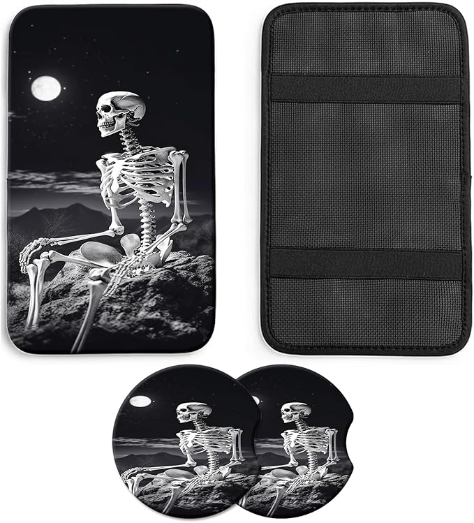 JANENFNA Car Armrest Cover Pads Universal Fashion Cute Auto Center Console Armrest Cover Pad with 2PCS Car Coasters Soft Waterproof Car Armrest Seat Protector for Women,Skeleton