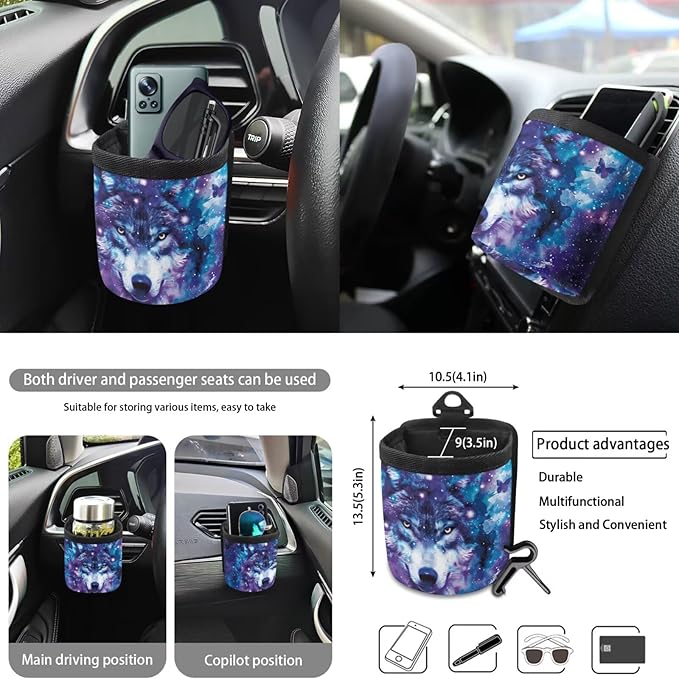 10 Piece Car Seat Cover Sets for Women and Men, Galaxy Wolf Printed Car Front and Back Seat Protector Steering Wheel Cover Trash Can Air Vent Storage Bag Wristlet Keychain