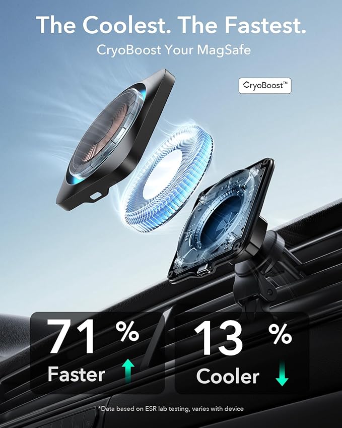 ESR for 15W MagSafe Car Mount Charger with CryoBoost, Phone Cooling MagSafe Car Charger, Air Vent/Dashboard Wireless Charging for iPhone 17e/17/16/15/14/13/12, S26/S25 Series, Pixel 10, Fast Charger