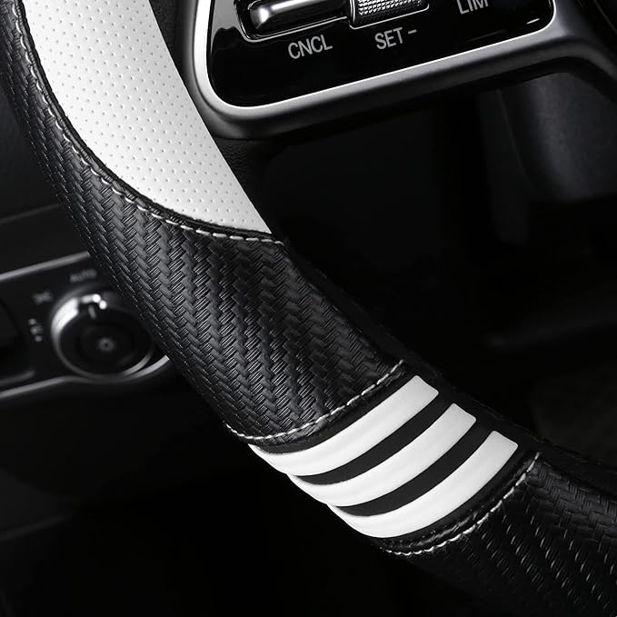 Car Steering Wheel Covers for Women Girl Padded Carbon Fiber PU Leather Cute Cartoon Auto Interior Accessories for Jeep, Truck, Universal, Anti Slip, White, Large Size, 15.2-16in
