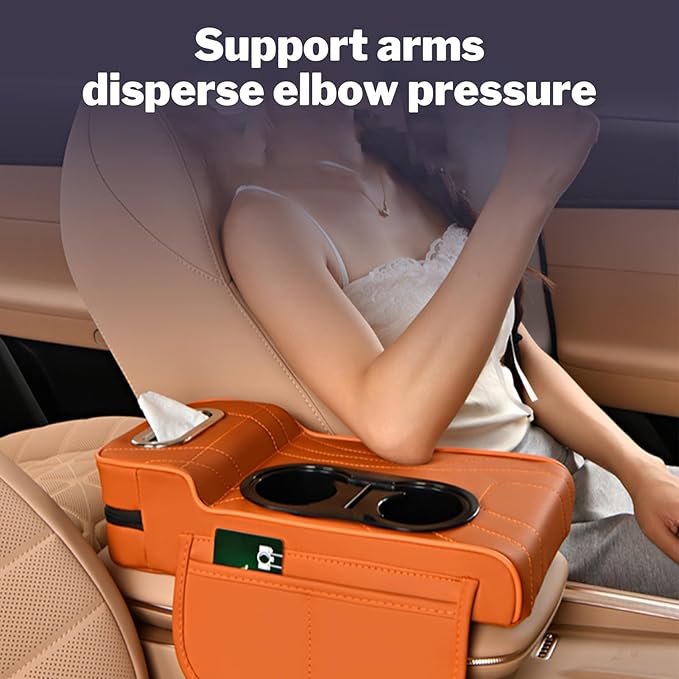 LAFANDE Car Armrest Cushion | Heightening Pad Arm Rest for Car, Center Console Cover with Storage Bags Cup Holder, Tissue Box Slot, Easy to Install and Clean