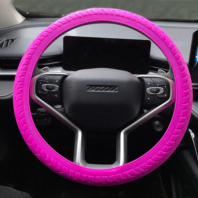 Universal Pink Steering Wheel Cover：13.5 to 15 Inches Stretchable Silicone Anti Skid Steering Wheel Protector Fit for Most Car Models Including Round D Shape or Special Shape
