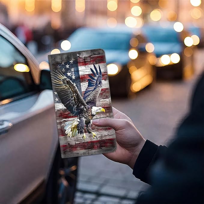 Car Registration and Insurance Card Holder for Women Men, Waterproof PU Leather Glove Box Car Organizer with Magnetic Shut, Vehicle Document Holder for Driver License,Cards, American Flag Eagle