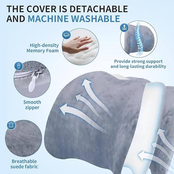 Dijialun Lumbar Support Pillow for Car, Memory Foam Back Support Lumbar Pillow for Car, Gaming, Office Chair, Ergonomic for Lower Back Pain Relief, Comfortable and Crystal Velvet Fabric, Grey