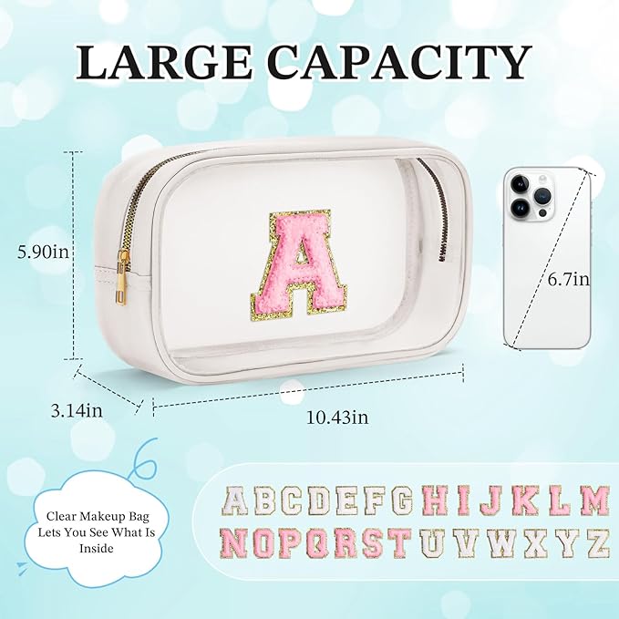 YOOLIFE Initial Makeup Bag Travel Toiletry Bag Clear Makeup Bag Preppy Cosmetic Bag Gifts for Girls Kids Valentines Gifts Birthday Gifts for Girls Kids Birthday Gifts Swim Gifts White L