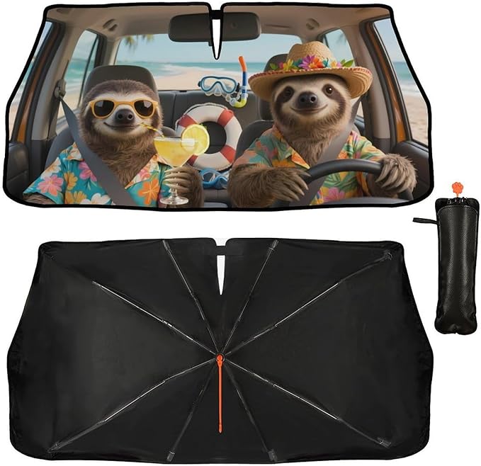 DOPINDU Funny Sloth Car Windshield Sun Shade Umbrella Bendable Handle Foldable Animal Print Sloth Sunshade for Car Windshield Block UV Rays Keep Vehicle Cool for Most Sedans SUV Trucks Cars 57"x30"