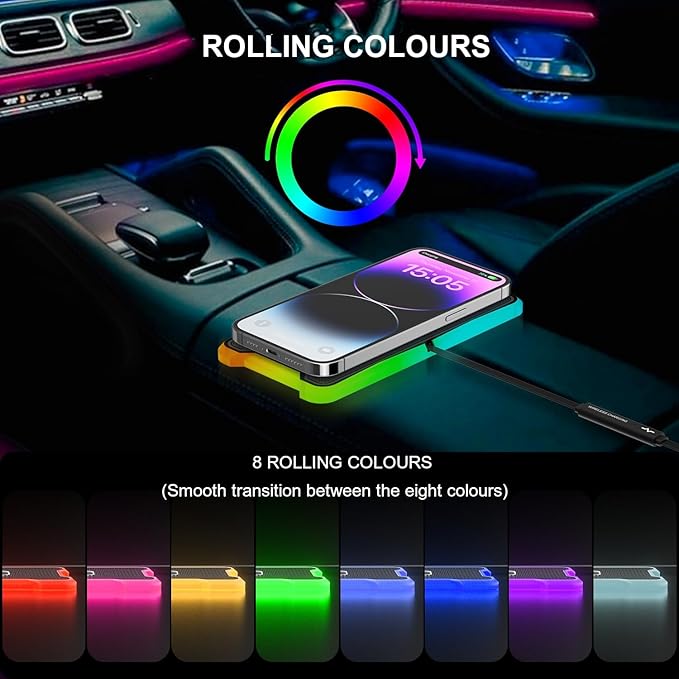 Wireless Car Charger Pad, REESTECQI 15W RGB Wireless Charger for Car Type C Non Slip Charging Pad for Car Compatible with Airpods iPhone 16/15/14/13/12,Samsung Google (30CM Cable)
