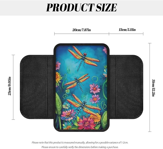 Dreaweet Car Center Console Cover with Pockets Dragonfly Print Car Arm Rest Cover Pad Universal Armrest Cover for Car Truck SUV Van
