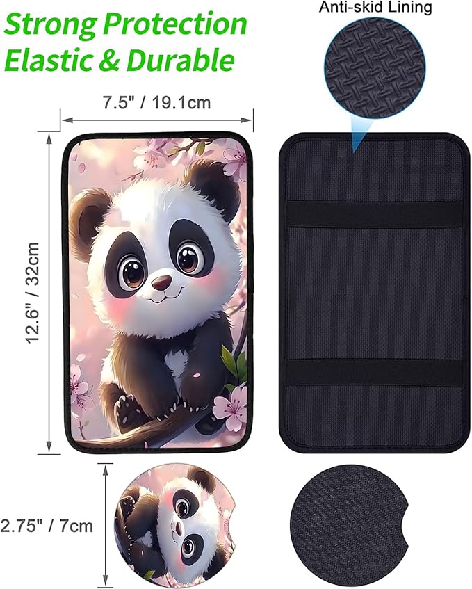 JANENFNA Car Armrest Cover Pads Universal Fashion Cute Auto Center Console Armrest Cover Pad with 2PCS Car Coasters Soft Waterproof Car Armrest Seat Protector for Women,Pink Flower Panda