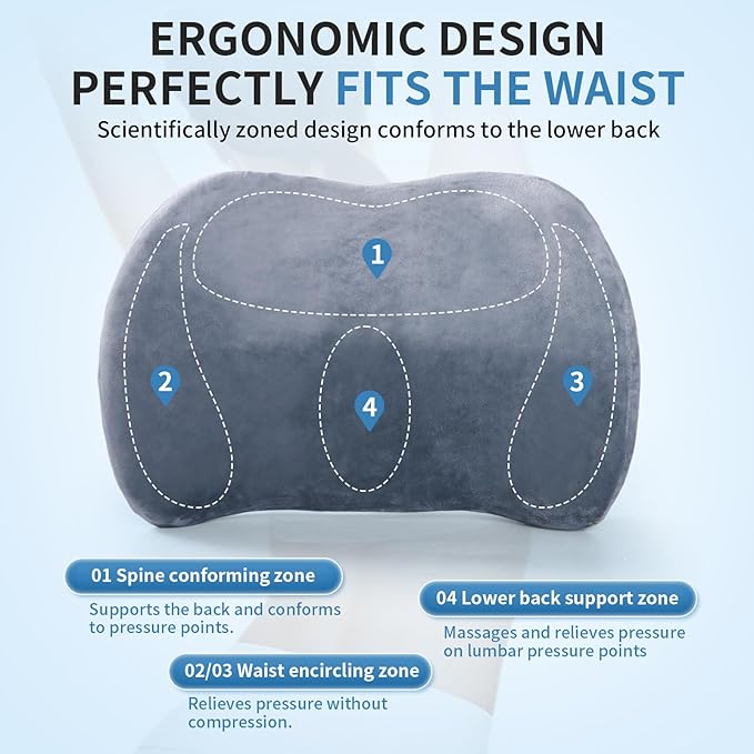Dijialun Lumbar Support Pillow for Car, Memory Foam Back Support Lumbar Pillow for Car, Gaming, Office Chair, Ergonomic for Lower Back Pain Relief, Comfortable and Crystal Velvet Fabric, Grey