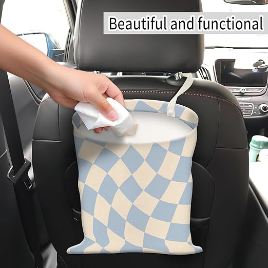 Car Trash Can, Hanging Garbage Bin for Men and Women, Cute Car Organizer and Storage Bag, Canvas Vehicle Trash Can Bag Easy-to-Install Cute Blue Checkborad