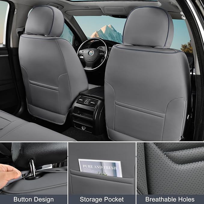 TIEHESYT Leather Seat Covers Front Pair with Lumbar Support & Headrest, Breathable and Waterproof Car Seat Cover, Universal Seat Covers for Cars, Trucks, SUVs, Airbag Compatible, Gray