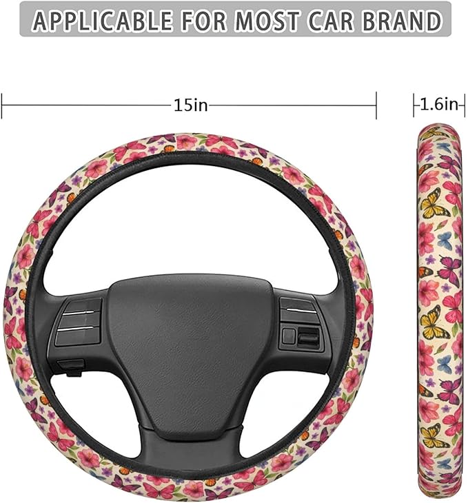 FeHuew Watercolor Butterfly Floral Steering Wheel Cover for Women, Girls 15 inch Universal Auto Car Anti Slip Wrap Steering Wheel Covers Fit for Vehicles, Truck, SUV