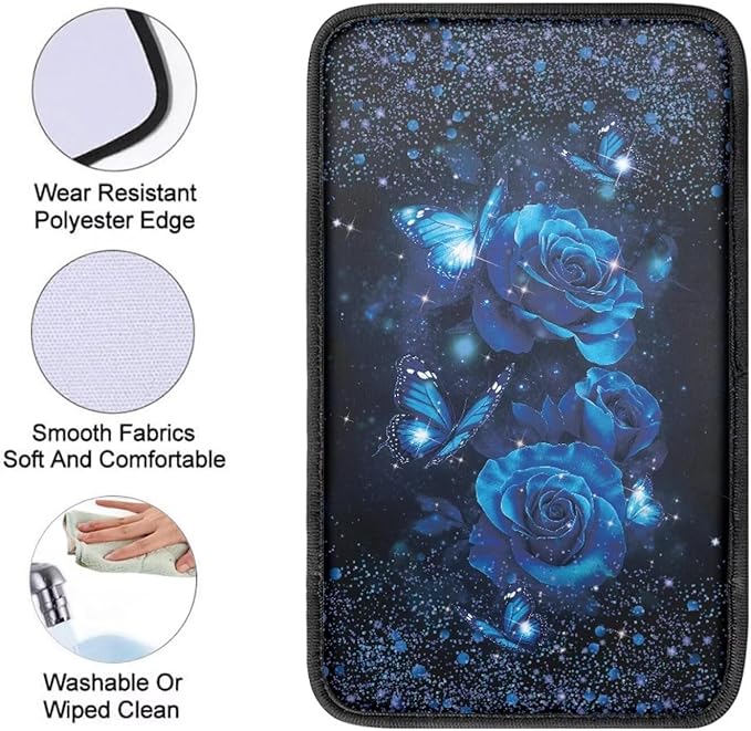 Rose Butterfly Print Car Center Console Armrest Cover Pad Non Slip Scratch Proof Auto Armrest Seat Box Cover Protector Car Interior Decor for Women
