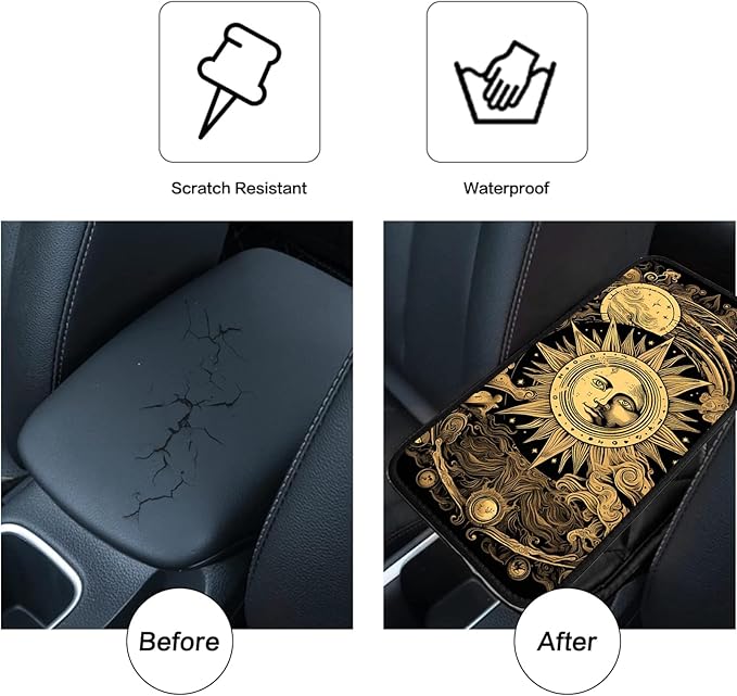 JANENFNA Car Armrest Cover Pads Universal Fashion Cute Auto Center Console Armrest Cover Pad with 2PCS Car Coasters Soft Waterproof Car Armrest Seat Protector for Women,Stargazing Sun and Moon