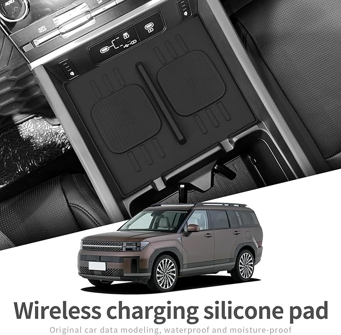 SMABEE Center Console Wireless Charging Protective Mat for 2024 2025 2026 Hyundai Santa Fe Accessories Silicone Non-Slip Pad Interior Black