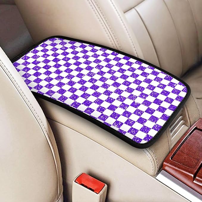 Glitter Purple White Checkered Chessboard Flag Car Armrest Pad Cute Cars Center Console Cover Auto Handrail Box Cushion Armrests Cover
