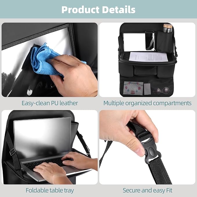 NIMBLOOM Car Backseat Organizer with Foldable Table Tray, PU Leather Car Organizer, 25.2 x 17.7 in, Touch Screen Phone Holder for Back Seat, Compatible with Most Vehicles,Inner Car Accessories, Black