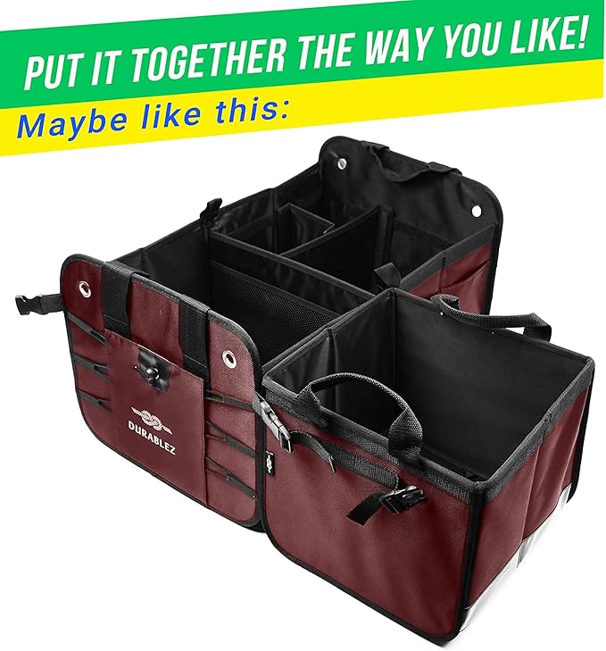 DURABLEZ XL Trunk Organizer 3-Section for SUV, Truck, Sedan, Van – Modular L-Shape Car Storage Box, Collapsible Auto Cargo Organizer with Dividers – Cherry
