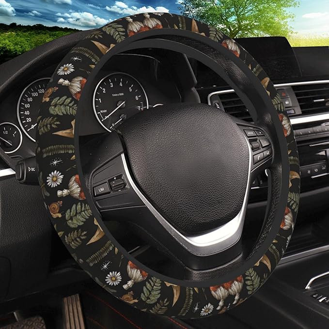 Vintage Mushroom Dragonfly Flower Steering Wheel Cover, Non-Slip Breathable Neoprene Steering Wheel Covers, Women Car Accessories Universal 15 Inch Fit Auto, Suvs, Truck