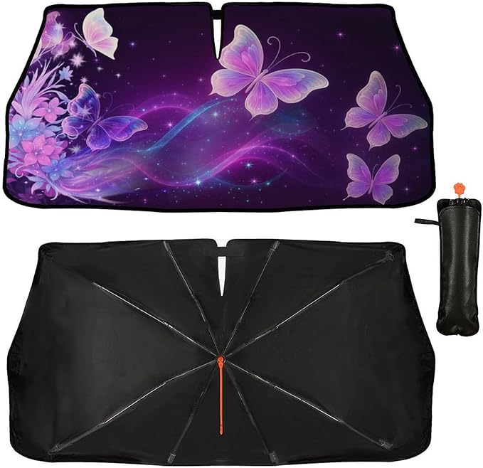 DOPINDU Butterfly Flowers Car Windshield Sun Shade Umbrella Bendable Handle Foldable Funny Sunshade for Car Windshield Block UV Rays Keep Vehicle Cool for Most Sedans SUV Trucks Cars 57"x30"