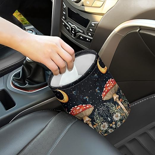 Moon Mushroom Car Trash Storage Box Collapsible Small Car Waste Basket Bin Compact Universal Strap Attach to Auto Garbage Holder Travel Accessories