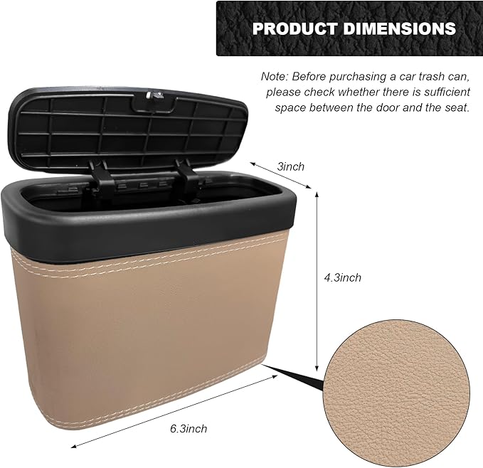 Car Trash Can with Lid, Leather Auto Dustbin Hanging Organizer with Mounting Clip, Multi-Purpose Leakproof Vehicle Garbage Bin Storage Container for Cars SUVs RVs (Beige)