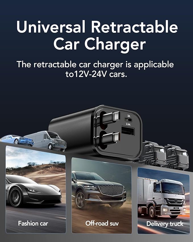 69W Fast Charging USB C Car Charger, 4-in-1 Retractable Phone Charger for iPhone 17, Travel Essentials, Gifts for Women Men, Car Accessories for Women Men, for iPhone 17 16 15 14 13, Galaxy, Pixel