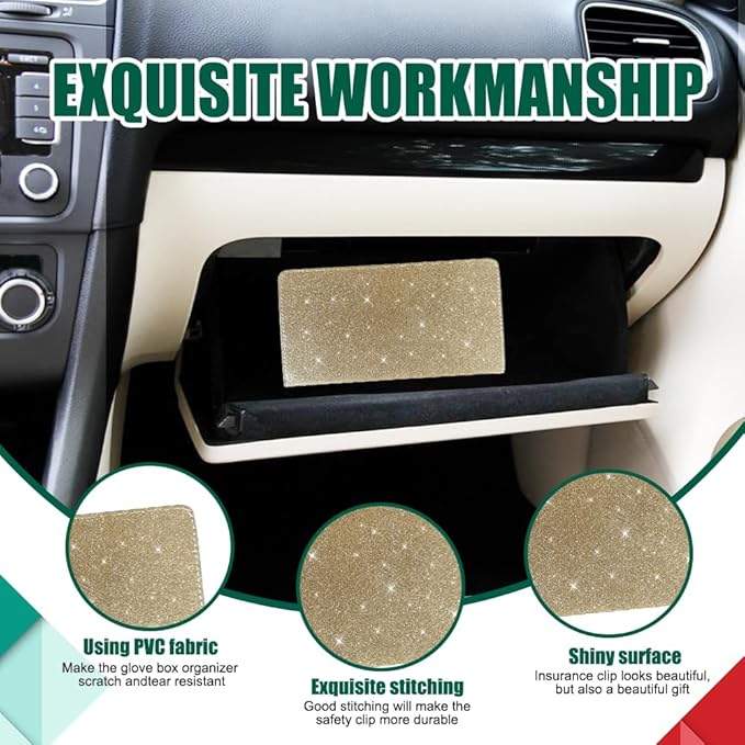 Vehicle Glove Box Car Organizer, Car Registration and Insurance Holder, Insurance Card Holder for Cars, Leather Card Holder Interior Auto Accessories for Women (Glitter-Gold)