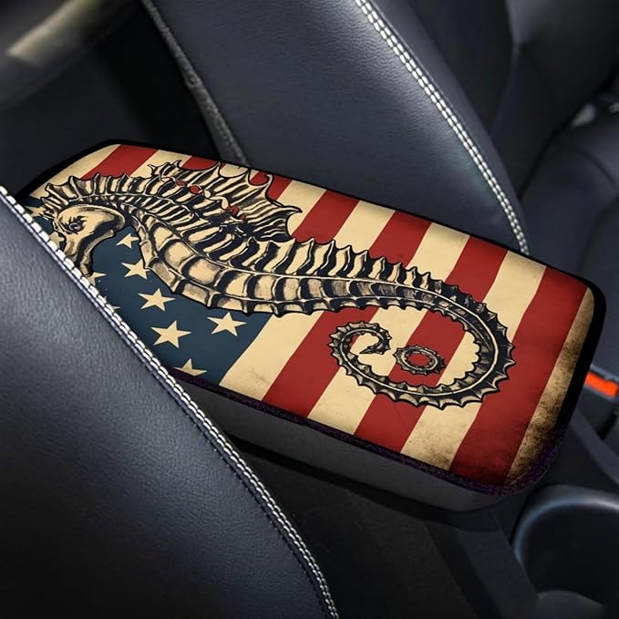 Car Center Console Pad, Universal Waterproof Car Armrest Seat Box Cover, Car Interior Accessories for Most Vehicle SUV Truck Vintage American Flag Seahorse Car Armrest Pad