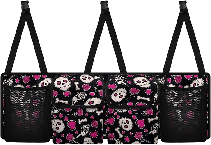 CLOHOMIN Skull Auto Truck Organizer Pink Heart Car Rear Seat Back Storage Bag for Women Collapsible Hanging Pocket Organizer with 4 Pockets Car Interior Accessories