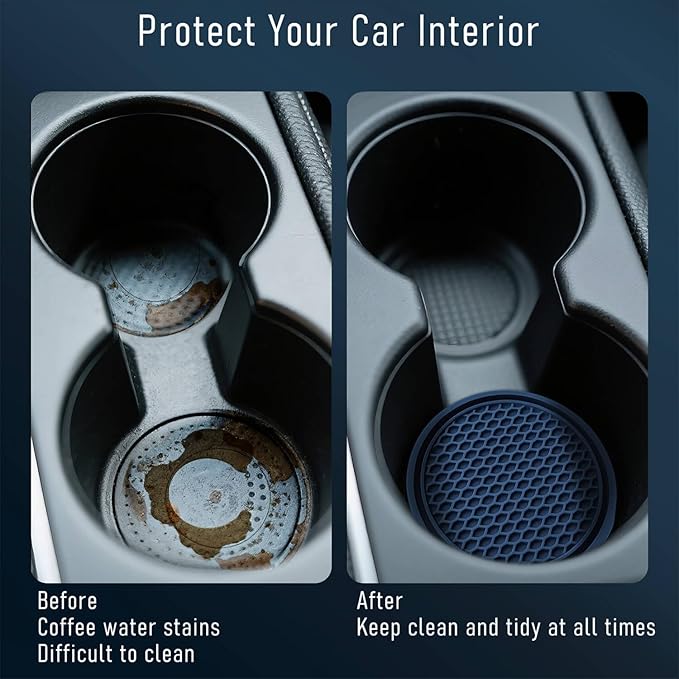 KULOLO Car Cup Holder Coaster 4 Pack - Non Slip & Shockproof,Flexible PVC Rubber Insert for Car/Truck/SUV/Van (2.75"x0.2") Universal Fit Auto Cup Holders Accessories for Women and Man (Navy Blue)