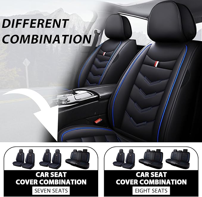 MVRVMV 3 Row 7 Seater Seat Covers for Hyundai Palisade 2020-2026, Airbag Compatible Front and Rear Split Bench Leather Auto Seat Protectors (7 Seat Standard, Black-Blue
