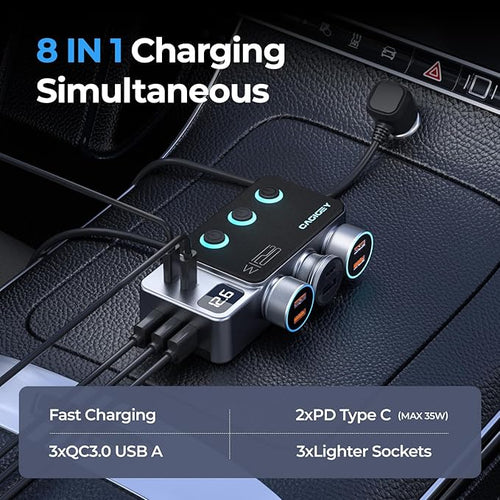 120W 8 in 1 Cigarette Lighter Splitter,Cagigey Car Super Fast Charger Adapter with Type-C QC3.0 PD35W Charging,Multi Port Plug Outlet,Independent Switches, LED Display,3.3FT Cable